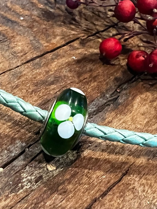 Pandora Jewelry - Authentic Vintage Pandora Murano Green Flowers Glass Bead White Flowers